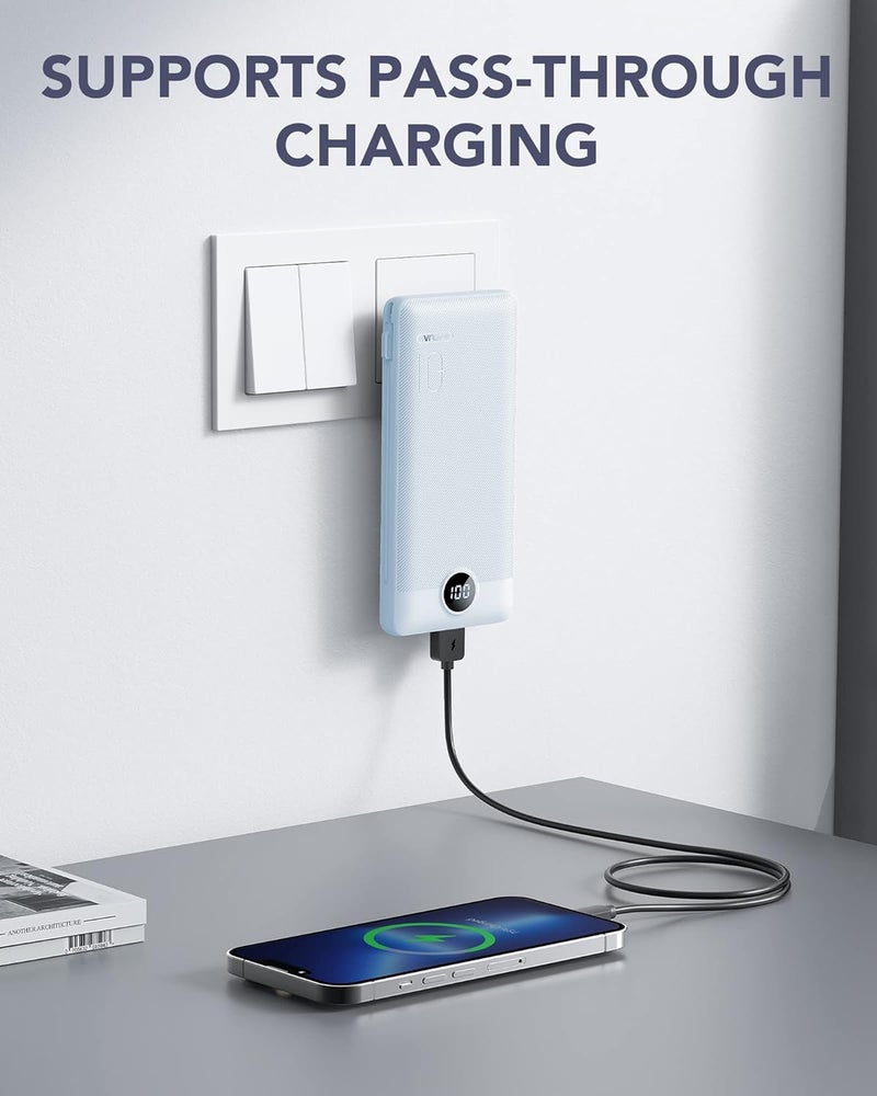VRURC Portable Charger Built-in Cables and AC Wall Plug, USB C Power Bank 10000mAh, Travel Essentials Phone Charger Compact Lightweight External Battery Pack for Smart Phones, Tablets etc-Blue - Image 2